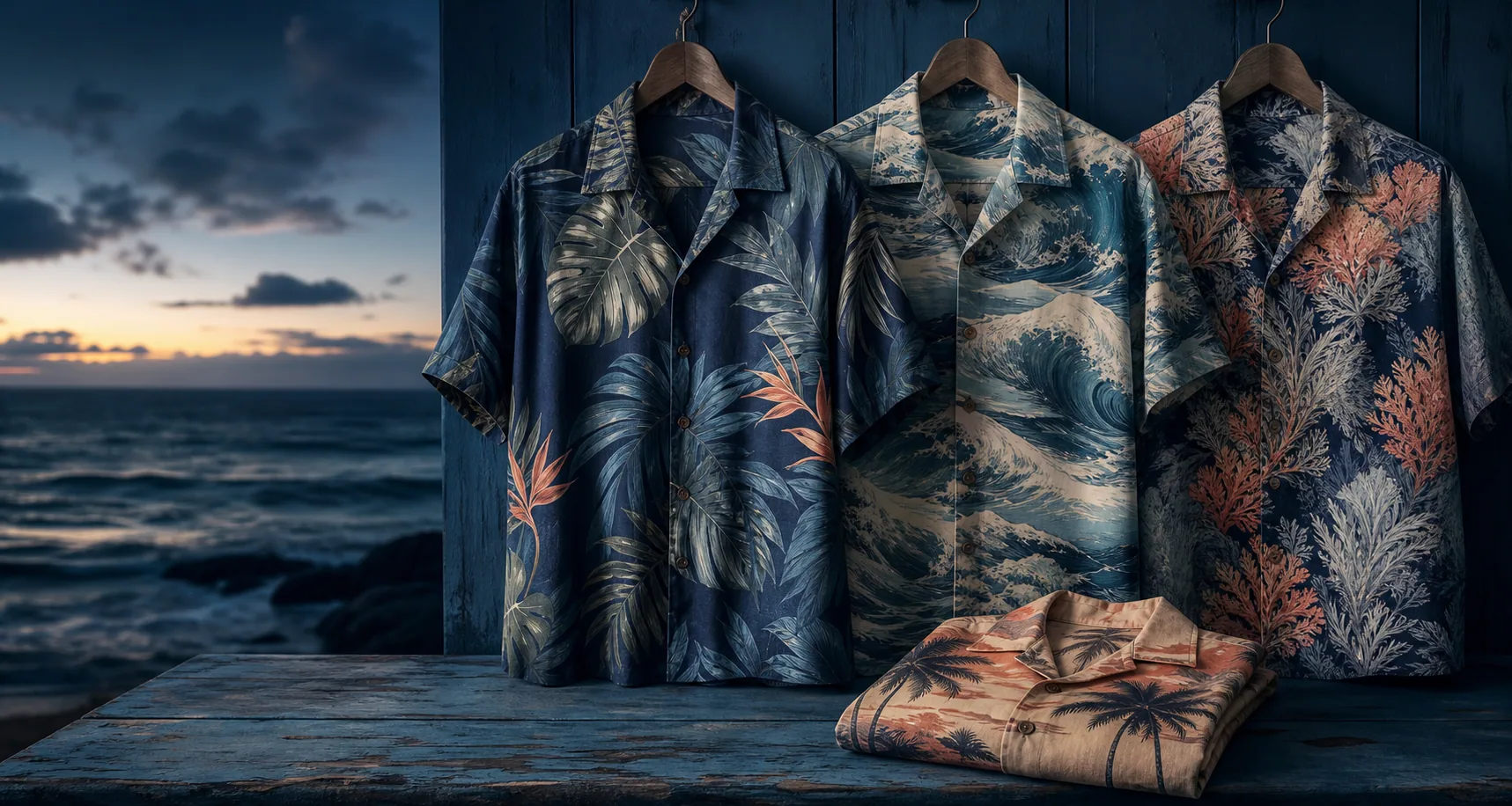 Editorial arrangement of bold ocean and botanical Hawaiian shirts at blue hour