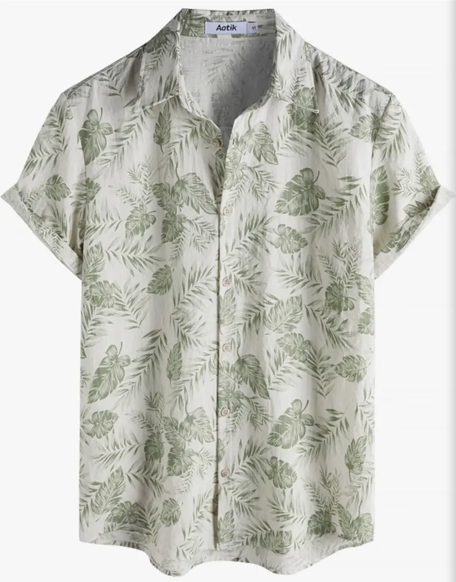 Light beige AOTIK shirt with muted green tropical leaves