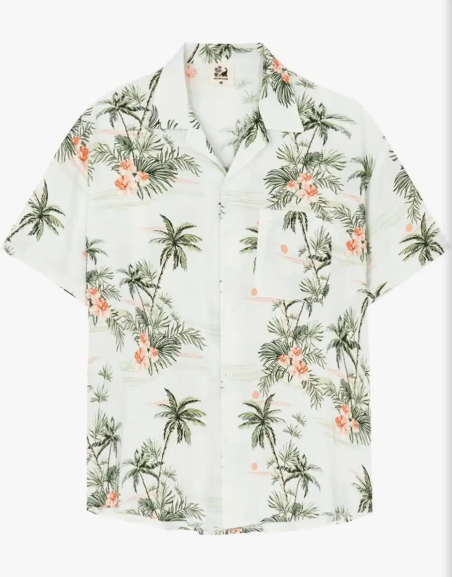 White SURF CUZ shirt with coconut palms and coral hibiscus accents
